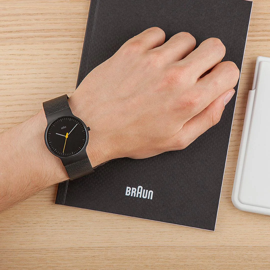 BN0211 Braun gents classic slim watch - black dial and black mesh bracelet - Image 8