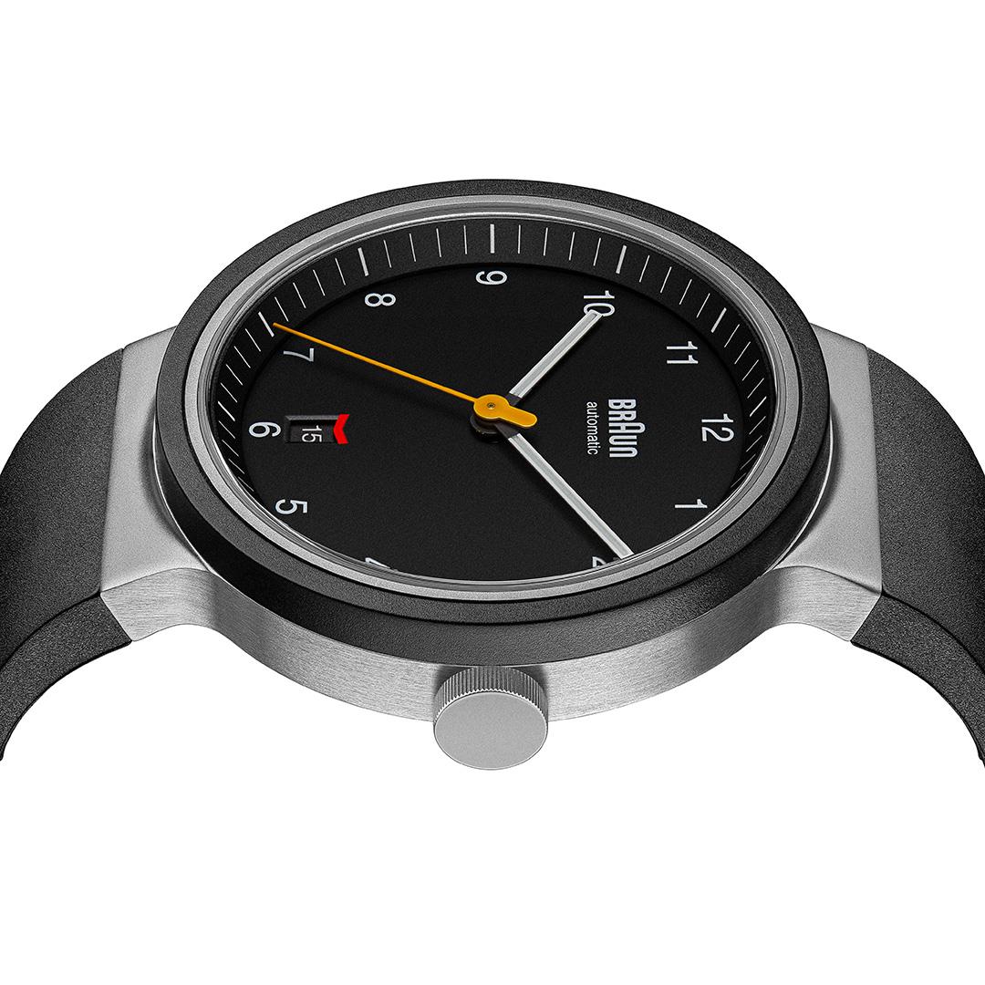 BN0278 Braun gents automatic watch - black dial and black rubber strap - Image 4