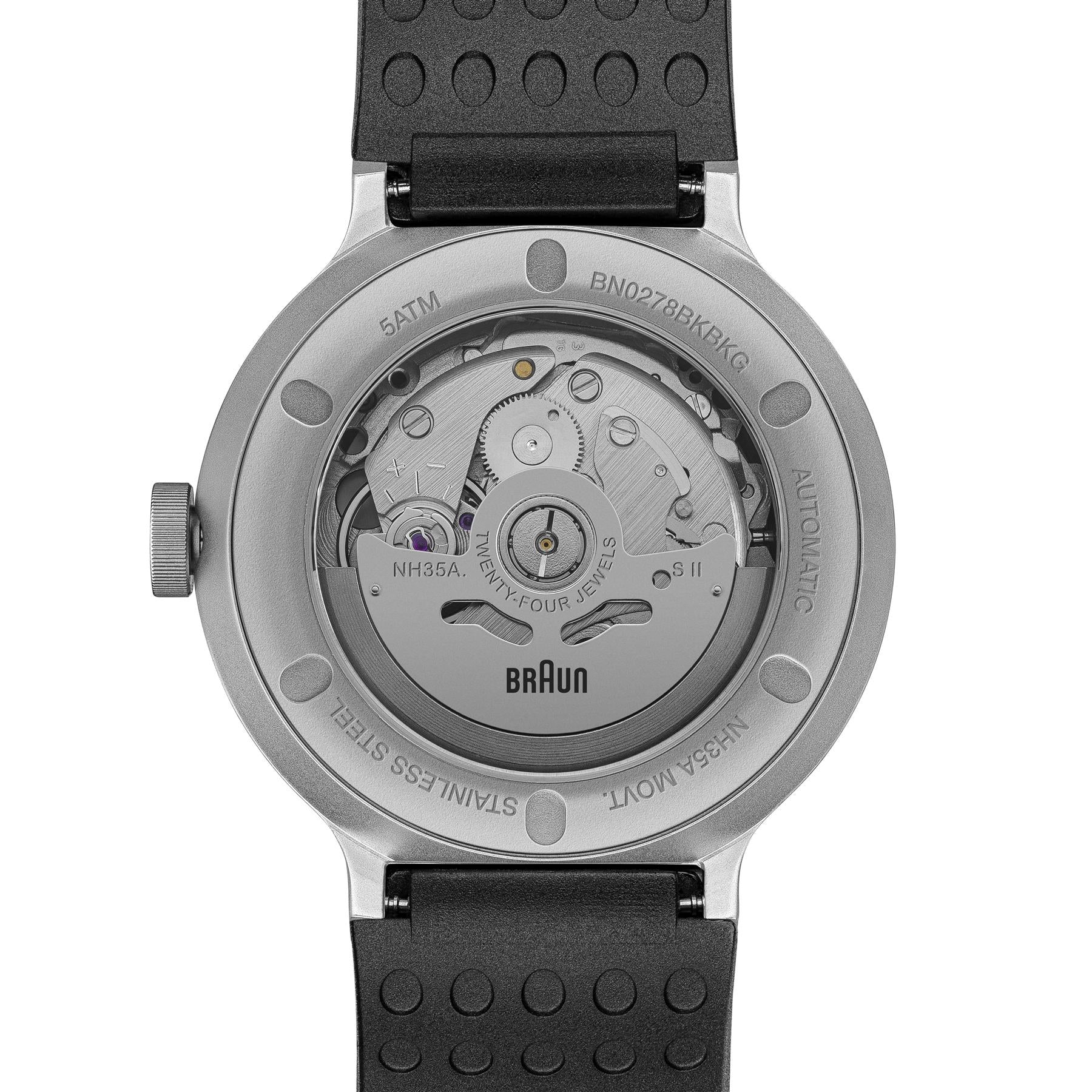 BN0278 Braun gents automatic watch - black dial and black rubber strap - Image 6