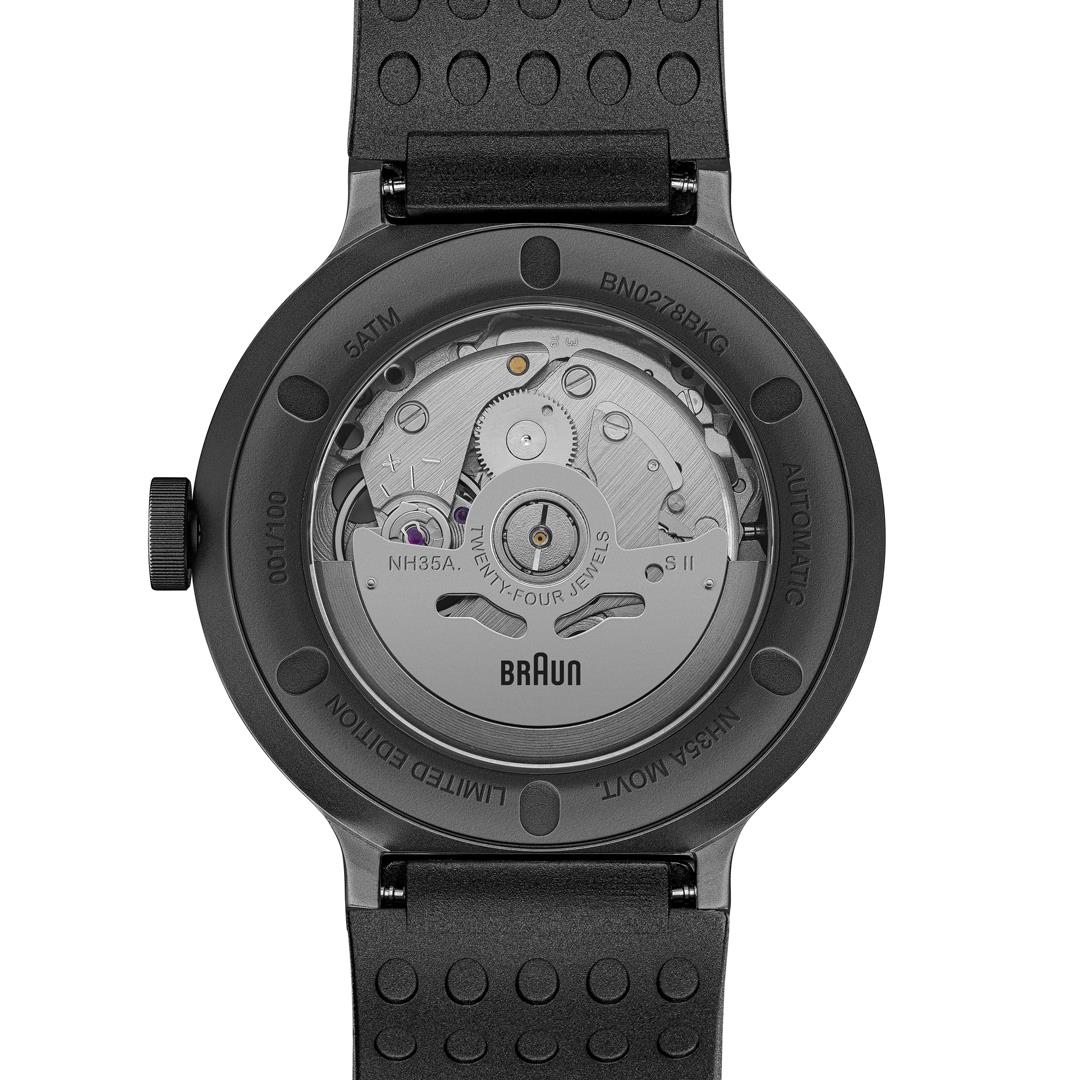 BN0278 Braun gents automatic watch - black dial and black rubber strap - limited edition - Image 6