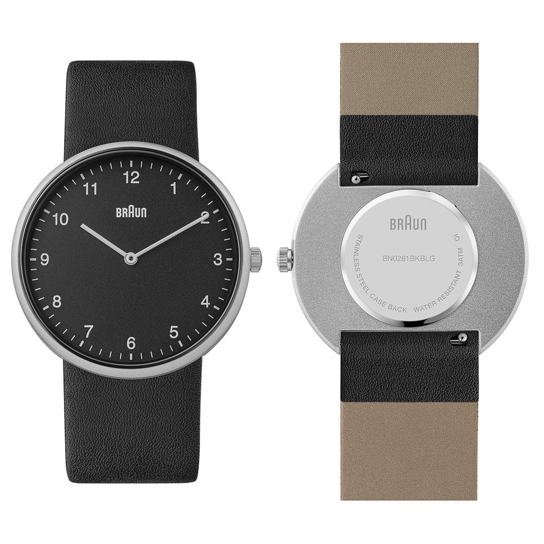 BN0281 Braun gents analogue interchangeable watch set - black dial and black leather strap & additional blue silicon strap - Image 3