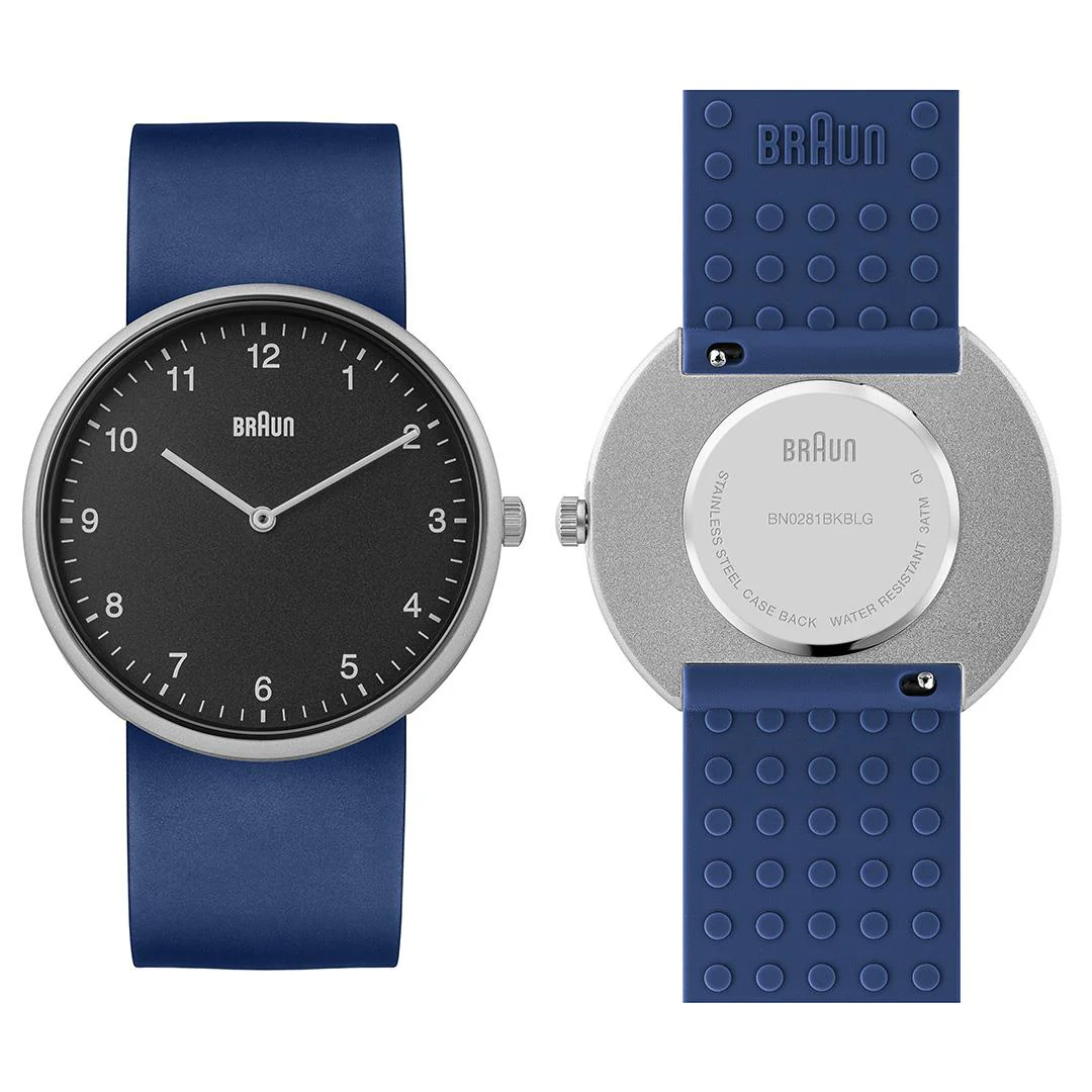 BN0281 Braun gents analogue interchangeable watch set - black dial and black leather strap & additional blue silicon strap - Image 4