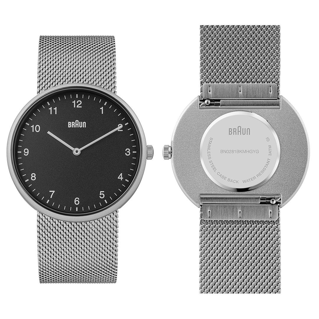 BN0281 Braun unisex analogue interchangeable watch set - black dial and stainless steel mesh bracelet & Additional grey silicon strap - Image 3