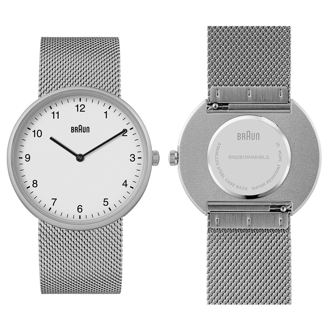 BN0281 Braun unisex analogue interchangeable watch set - white dial and stainless steel mesh bracelet & additional blue silicon strap - Image 3