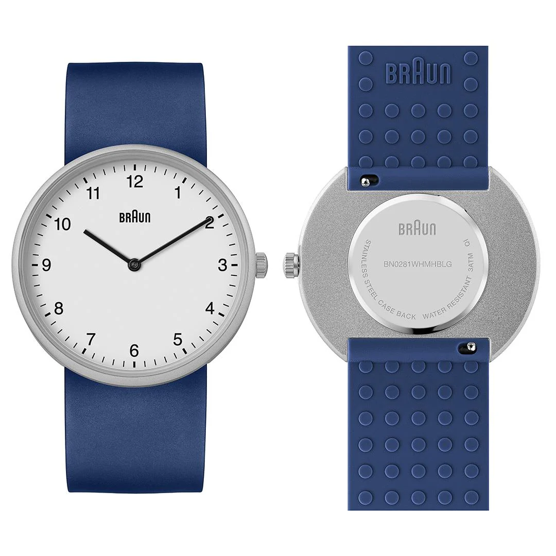 BN0281 Braun unisex analogue interchangeable watch set - white dial and stainless steel mesh bracelet & additional blue silicon strap - Image 4