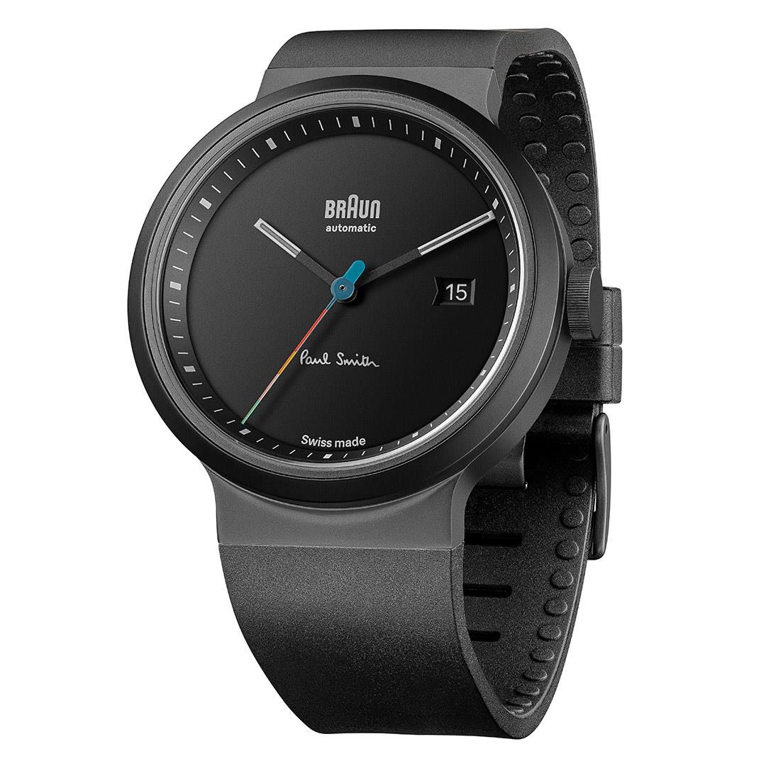 BN0279 Braun + Paul Smith Swiss made automatic watch - black dial and black rubber strap - limited edition - Image 3