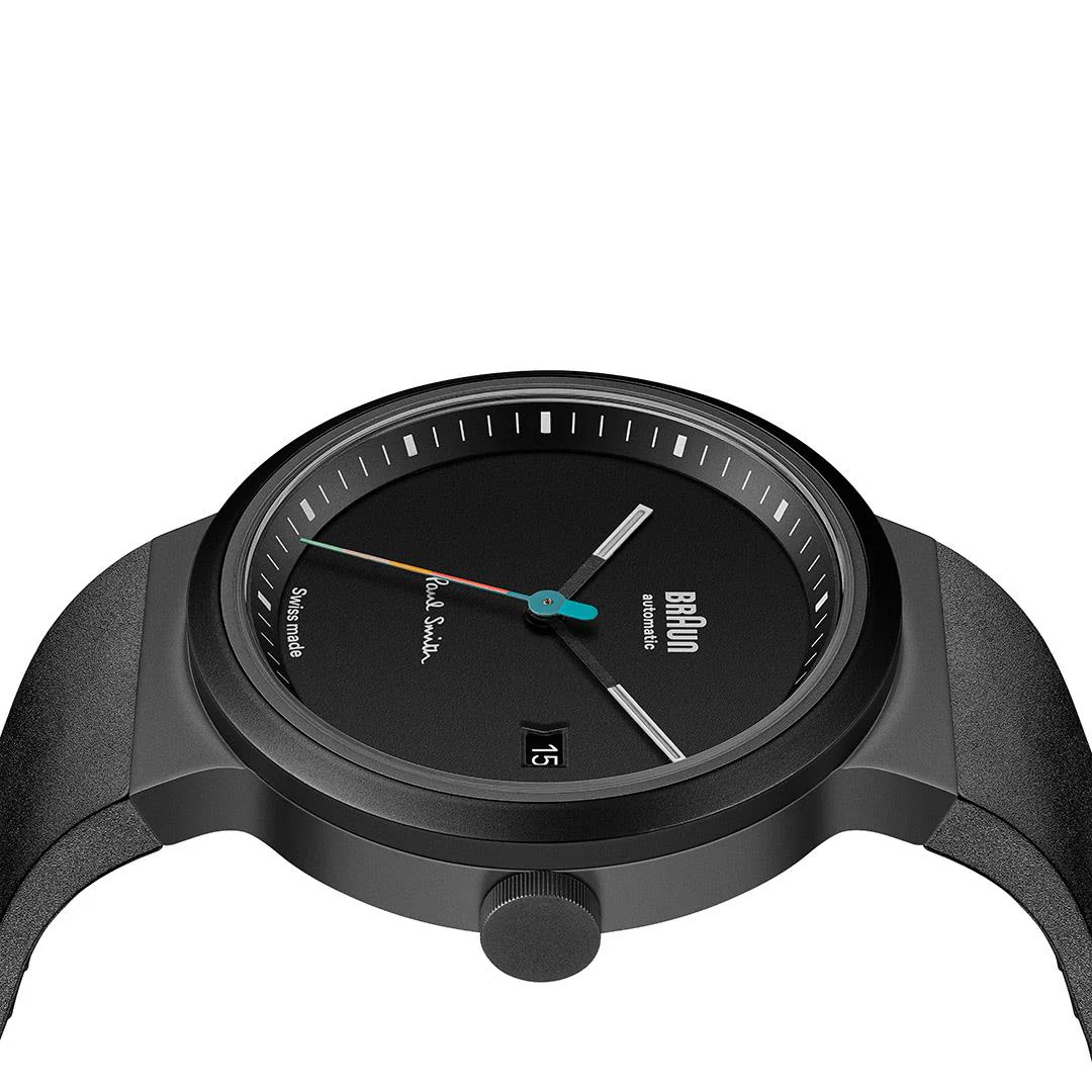 BN0279 Braun + Paul Smith Swiss made automatic watch - black dial and black rubber strap - limited edition - Image 4
