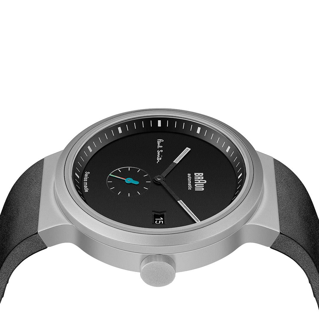 BN0279 Braun + Paul Smith Swiss made automatic watch - black dial and black rubber strap - limited edition - Image 4